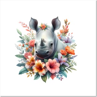 A rhino decorated with beautiful colorful flowers. Posters and Art